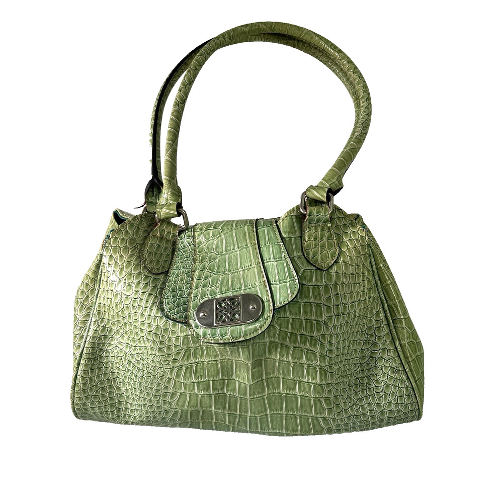 Green Faux Alligator Handbag Colorful Purse Zippered Interior Work Office